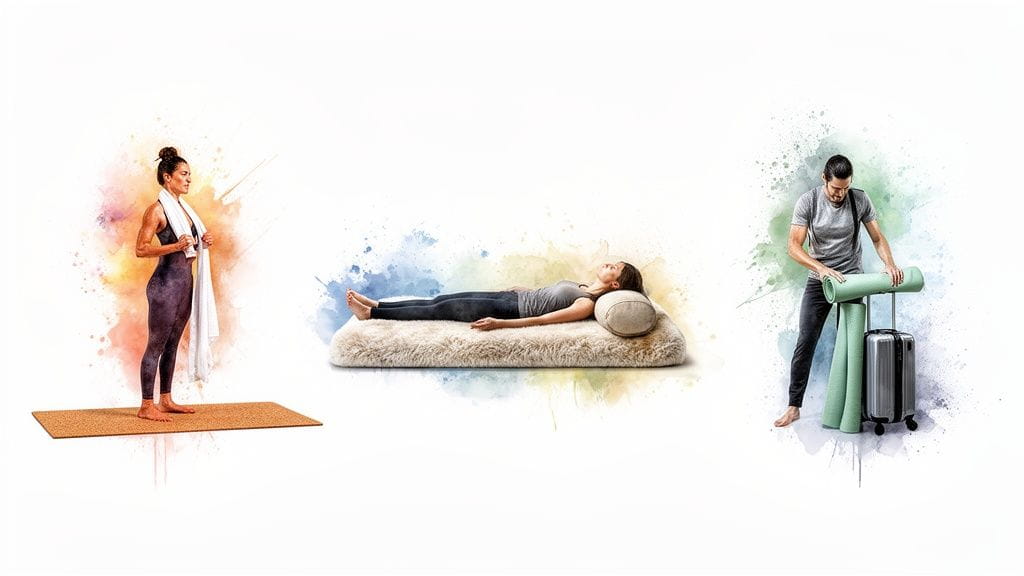 Collage of three scenes: woman on yoga mat, woman relaxing on mat, man rolling mat by luggage.