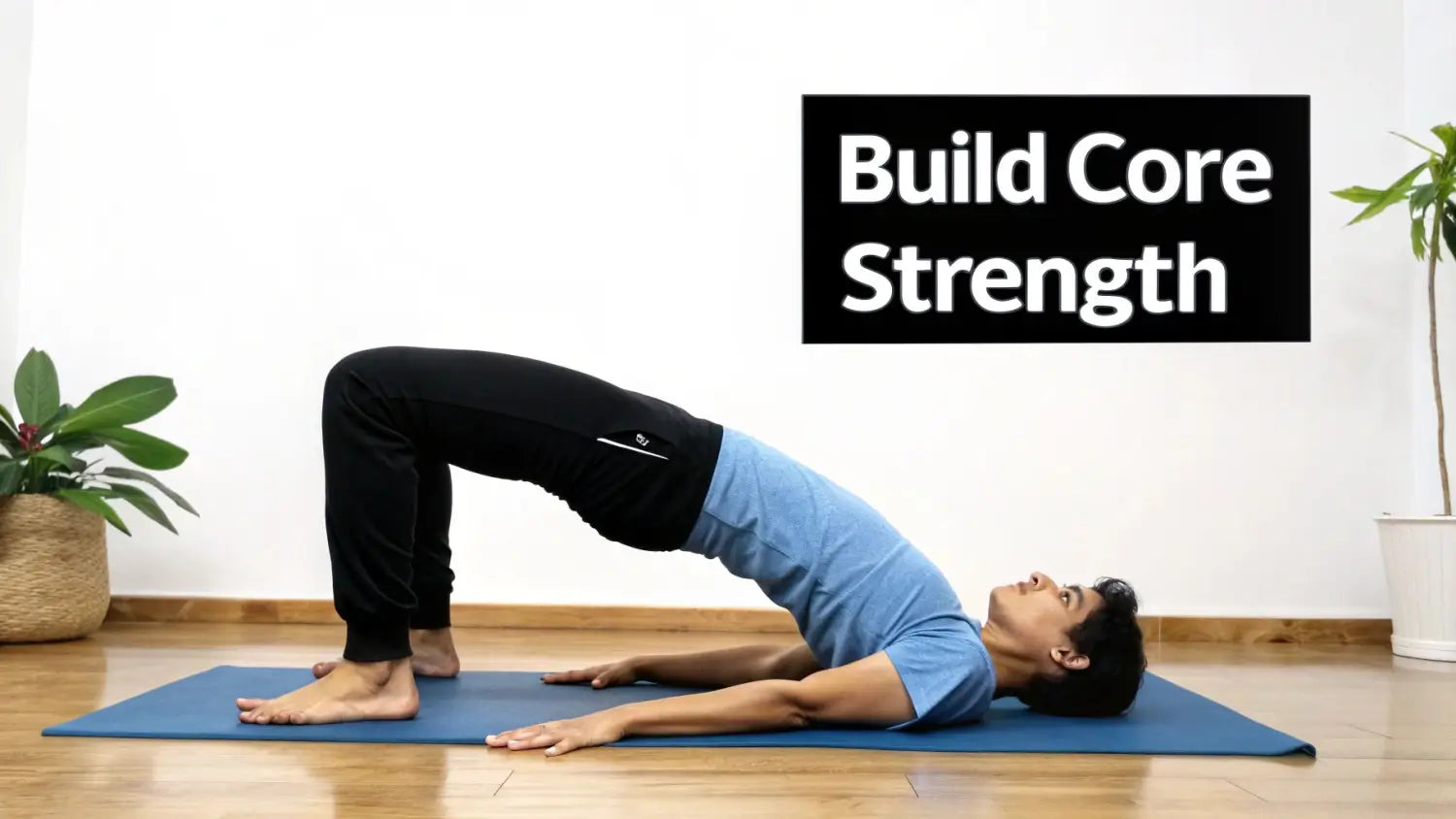 A person in a blue shirt and black pants performs a bridge yoga pose on a blue mat, emphasizing core strength.