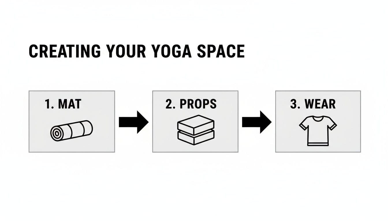 A diagram illustrating how to create a yoga space, featuring steps for mat, props, and wear.