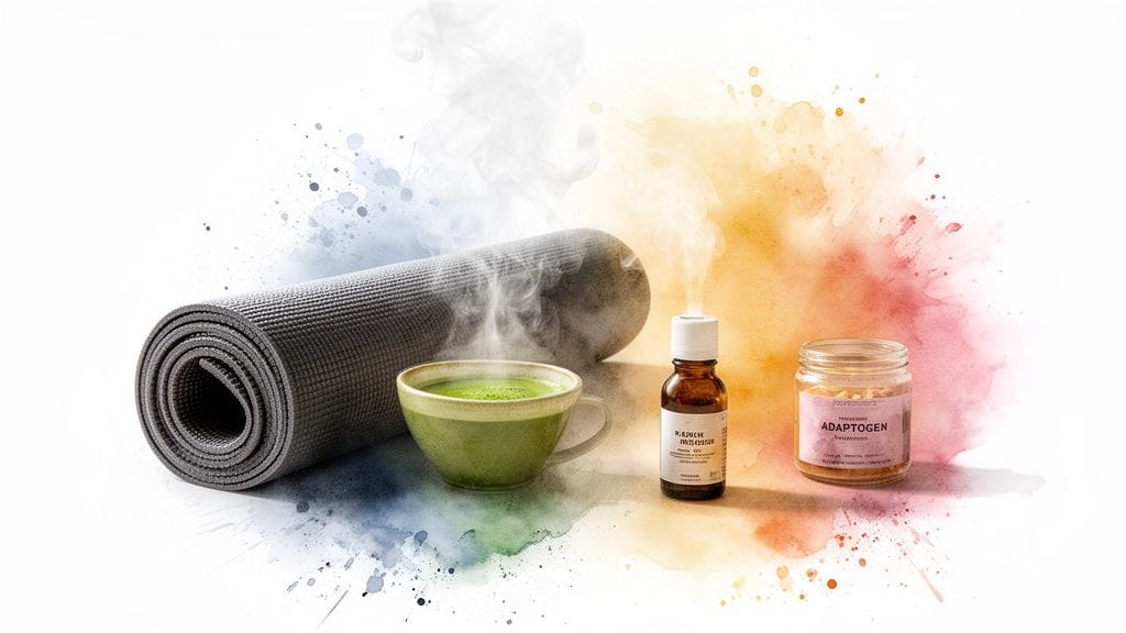 A serene image of a yoga mat, warm matcha, essential oil, and adaptogen against a colorful backdrop.