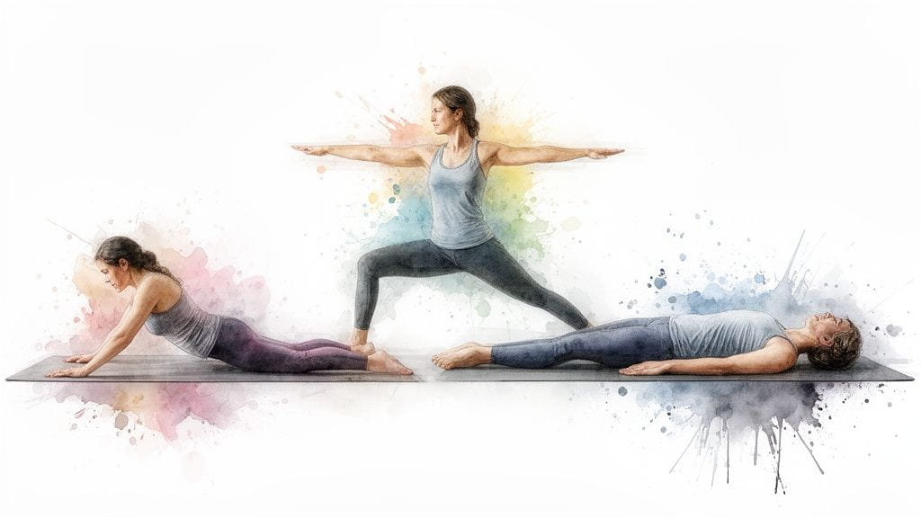 Three women demonstrate different yoga poses on mats, enhanced by colorful watercolor splashes.
