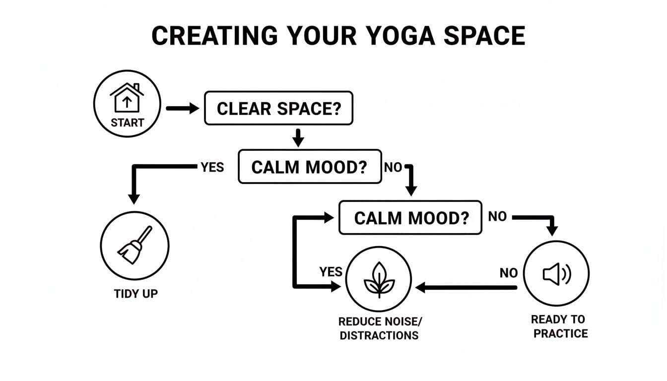 Flowchart illustrating steps to create a peaceful yoga space by tidying, calming, and reducing distractions.