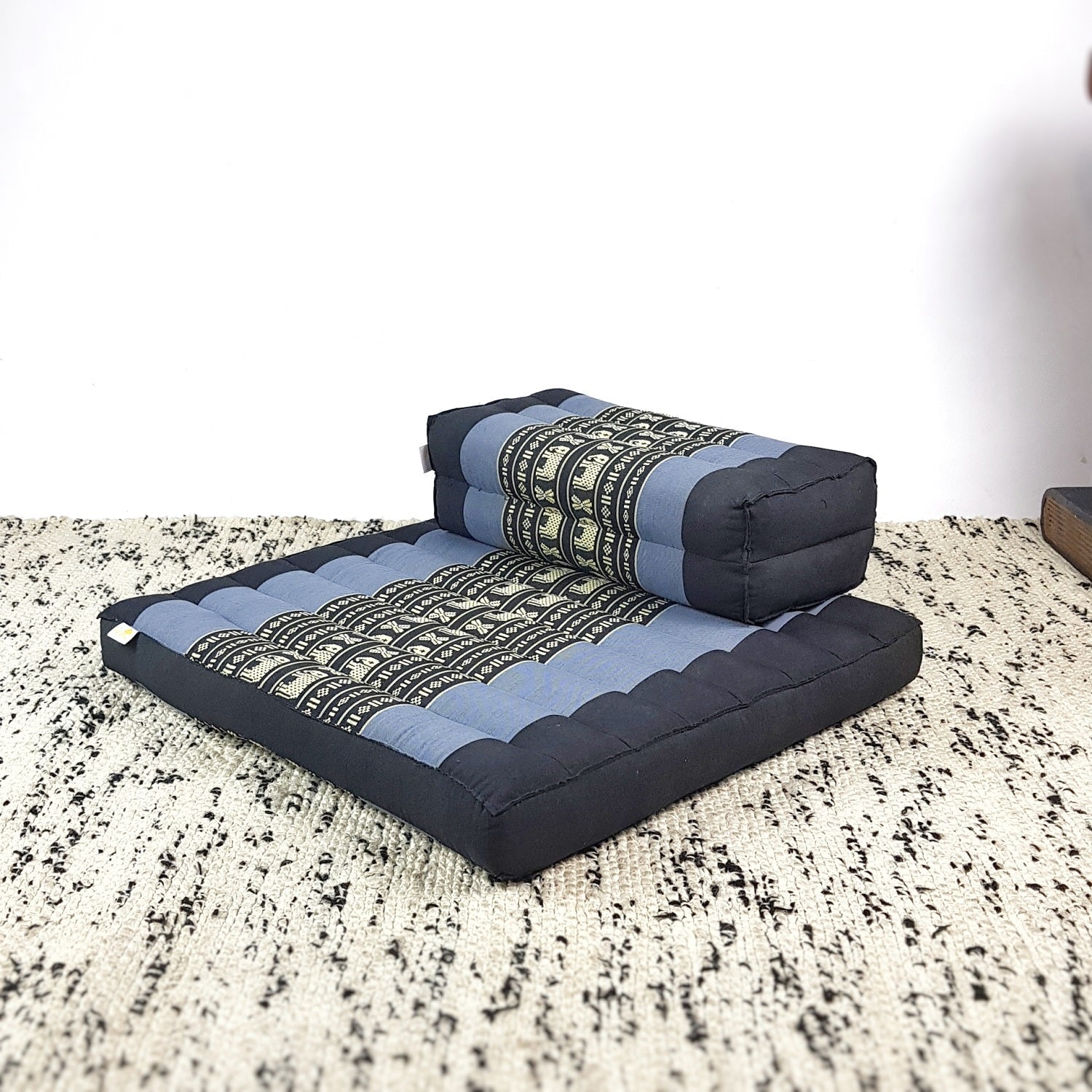 black and blue square meditation cushion and seat block set