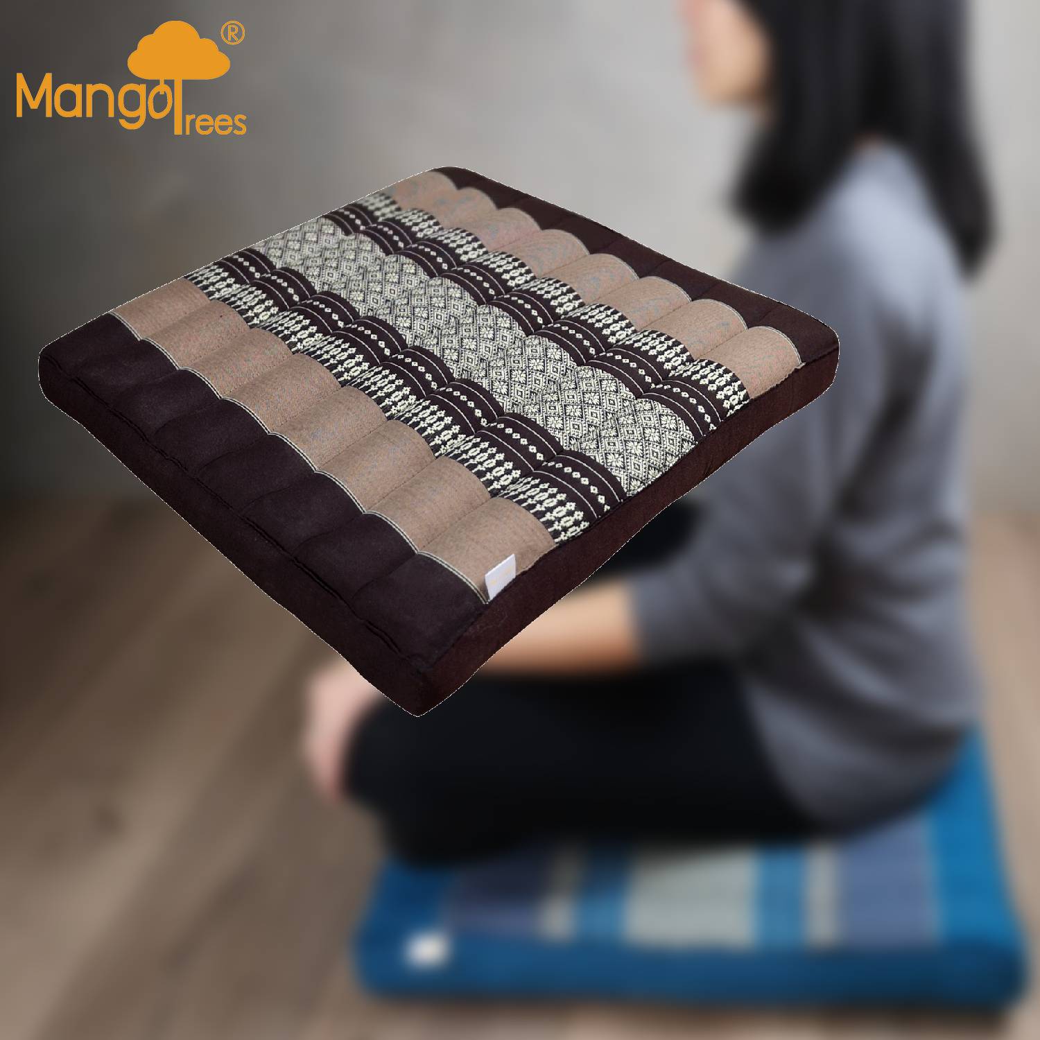 Traditional Thai Zabuton Meditation Cushion in brown, beige, and patterned fabric stripes