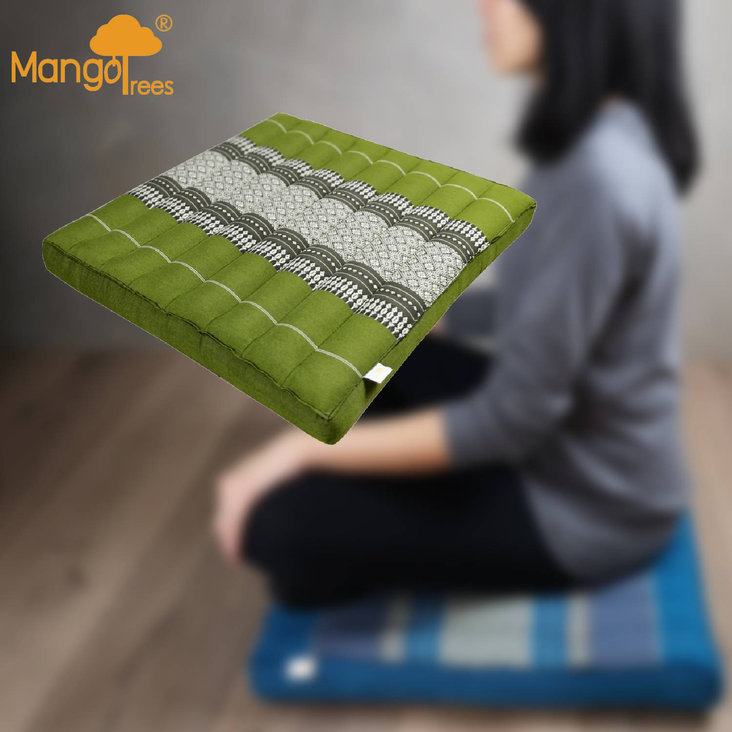 Green and white patterned Zabuton Meditation Cushion with Mangotrees logo made from organic kapok