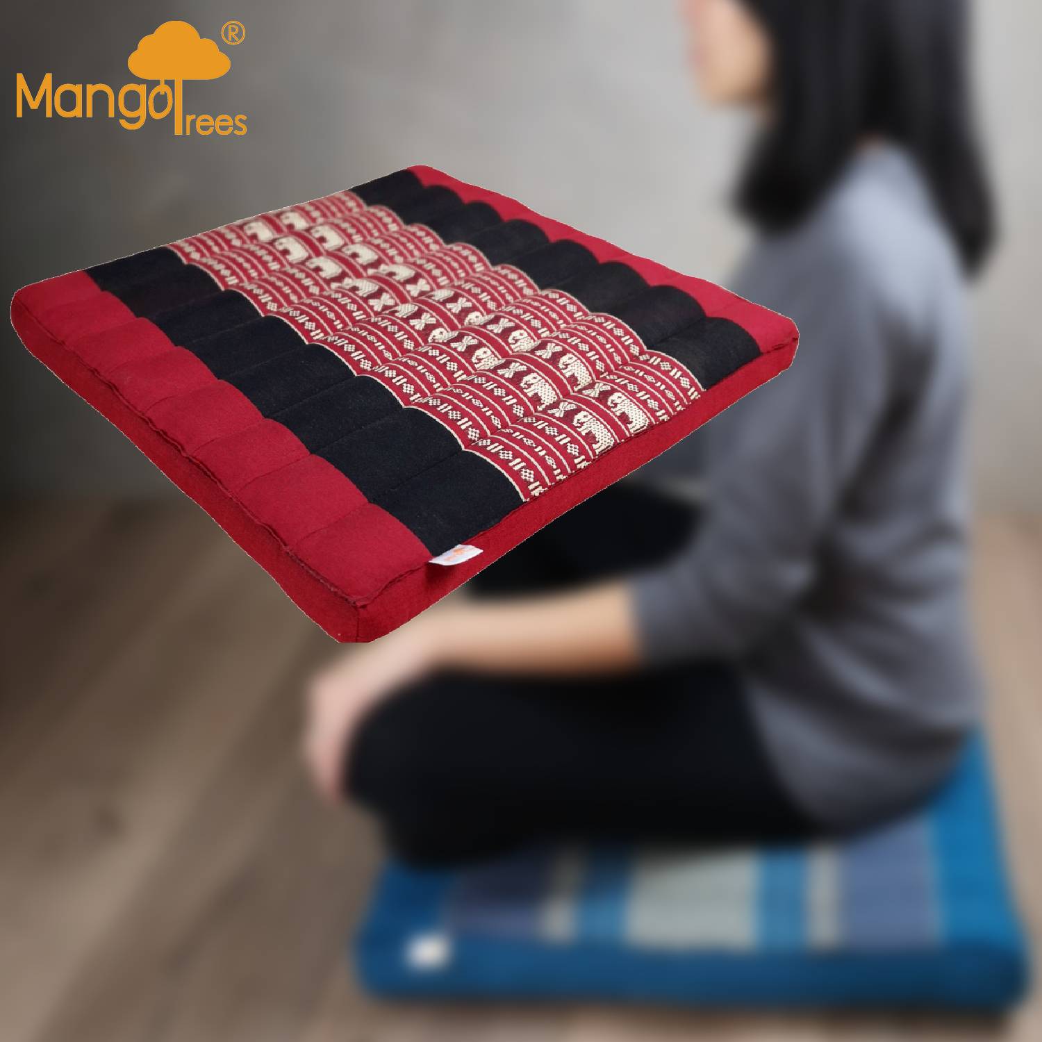 Red and black Zabuton Meditation Cushion with traditional Thai elephant pattern embroidery