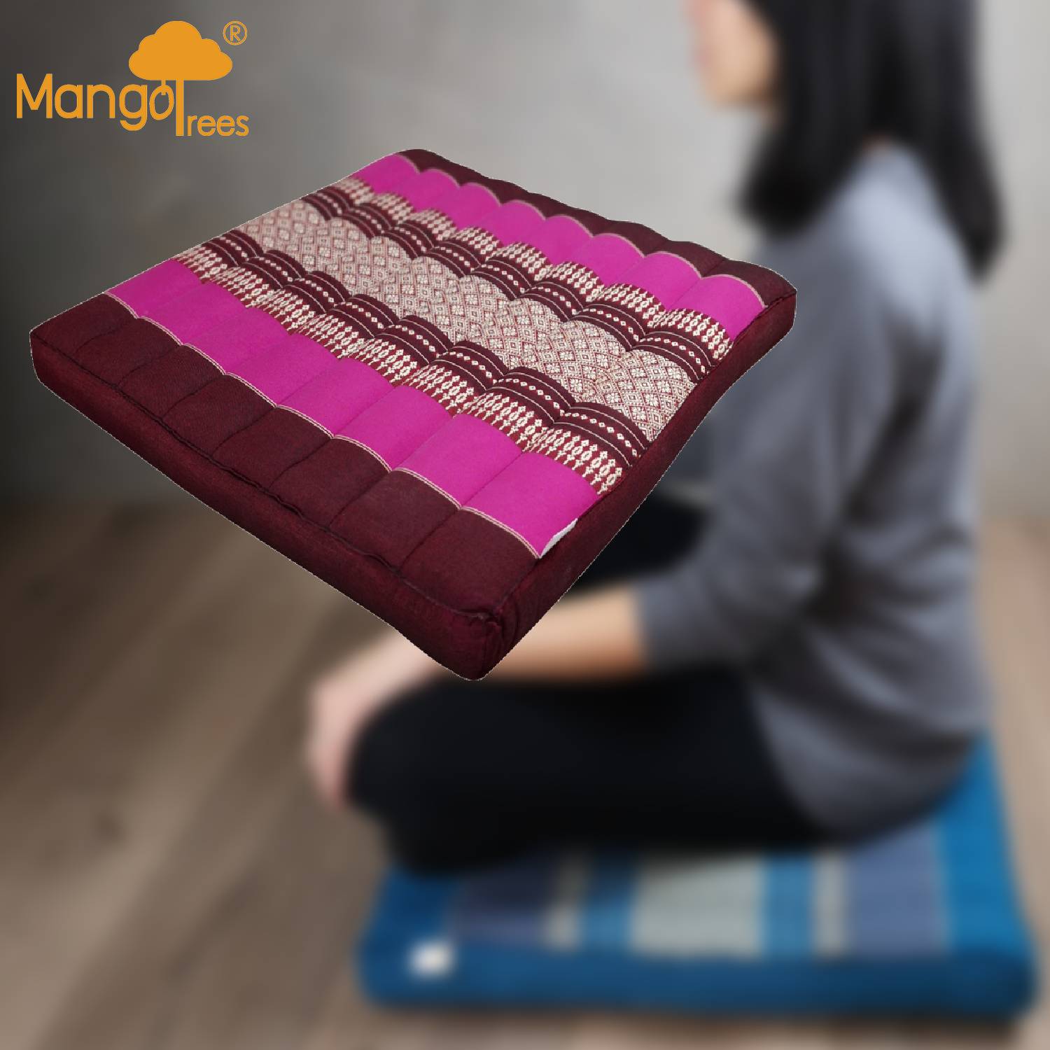 Traditional Thai zabuton meditation cushion in burgundy and pink stripes with organic kapok