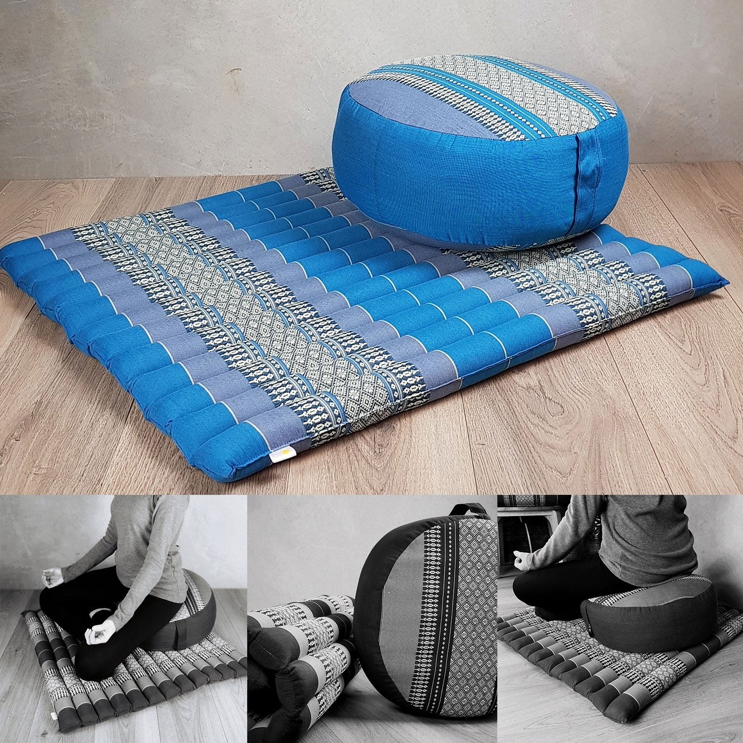 blue and beige meditation cushion and mat set