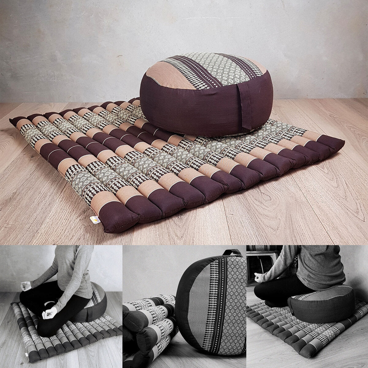 brown and beige meditation mat and cushion set