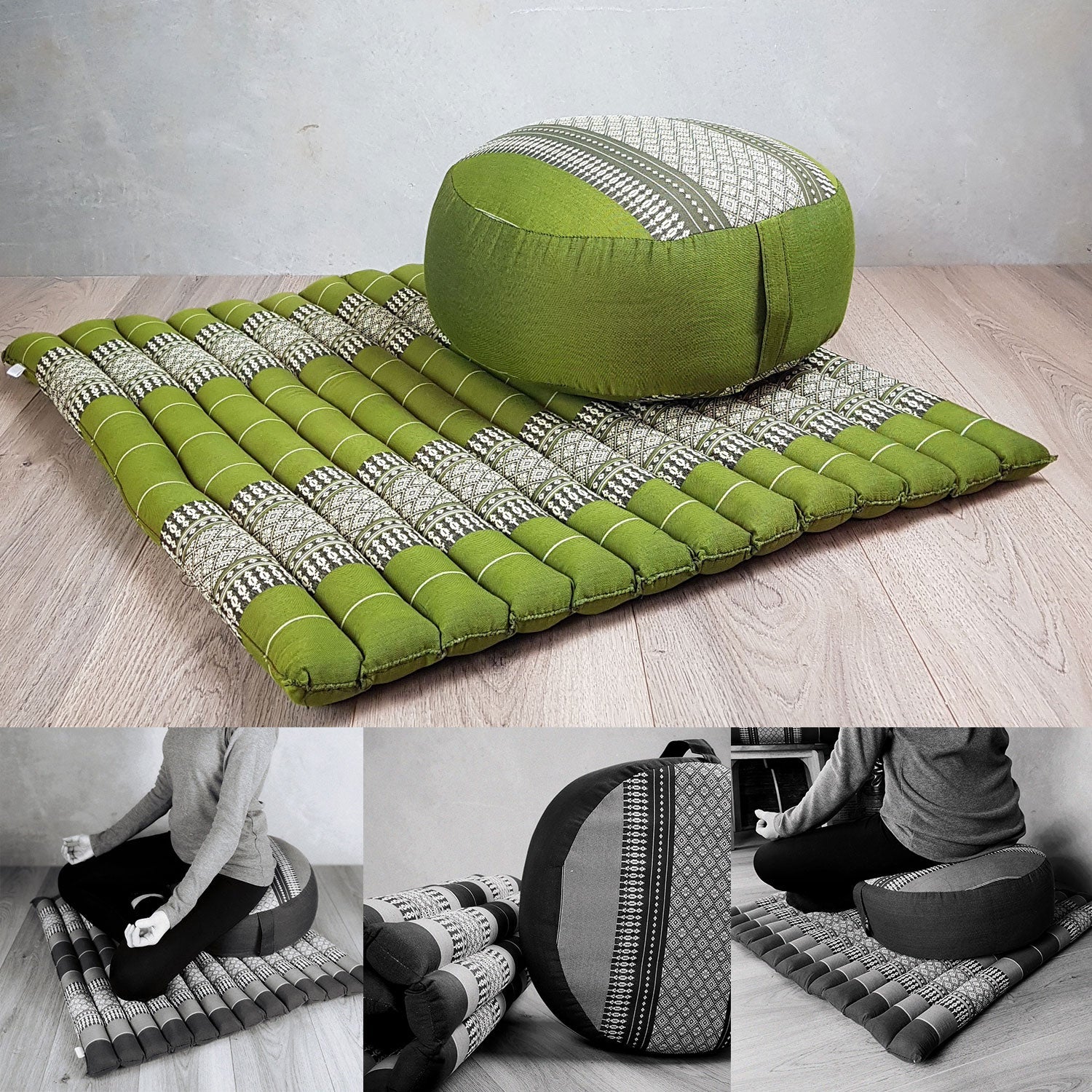 green zafu meditation cushion and matching mat