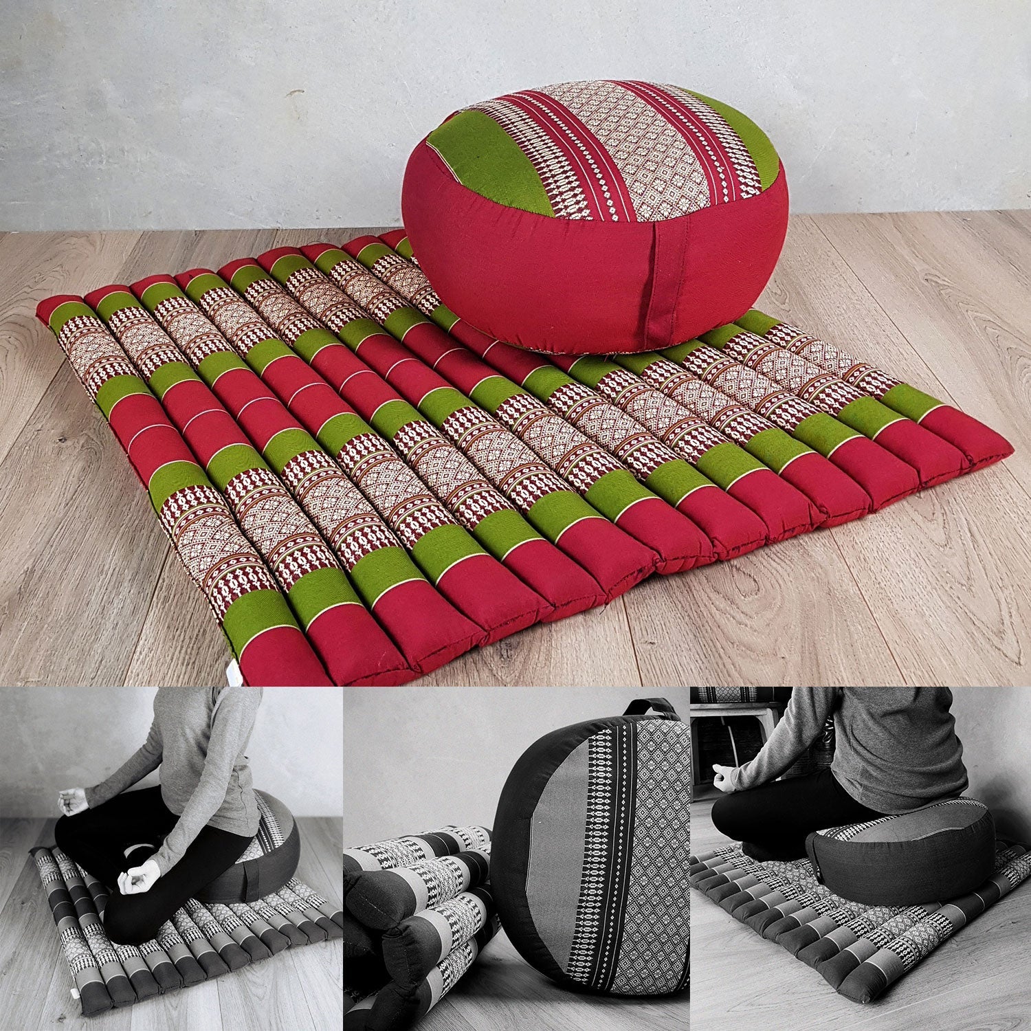 red and green zafu and zabuton meditation set