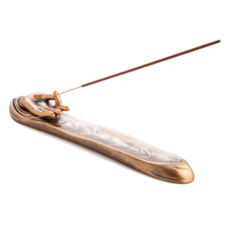 Wooden Zen Hand Incense Burner with a burning stick and rising smoke for relaxation